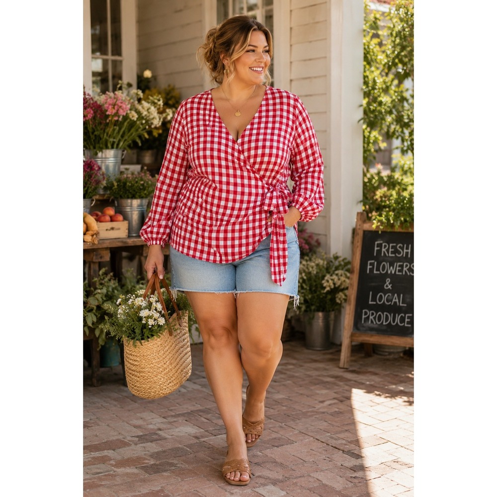 Lane‎ Bryant Illusion Collection Red Gingham Wrap Top Plus Size 26/28 NWT